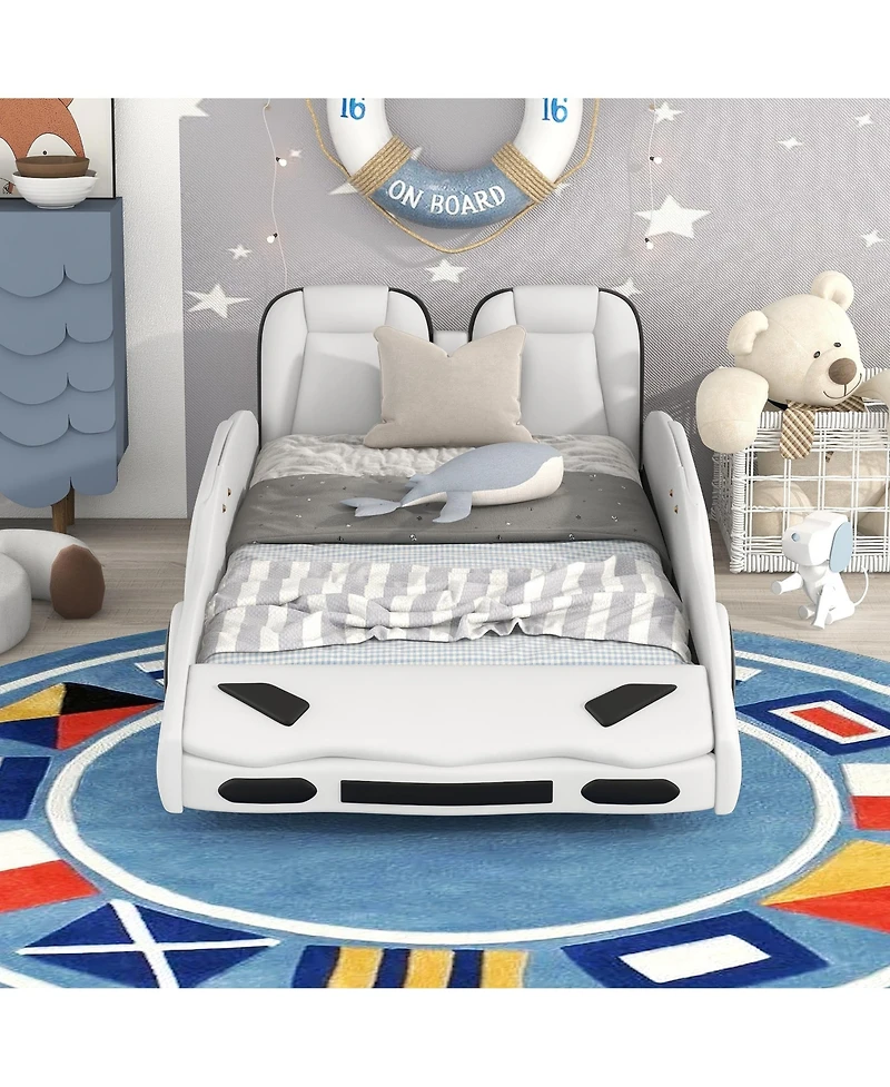 flynama Race Car Shaped Platform Bed With Wheels For Kids Bedroom