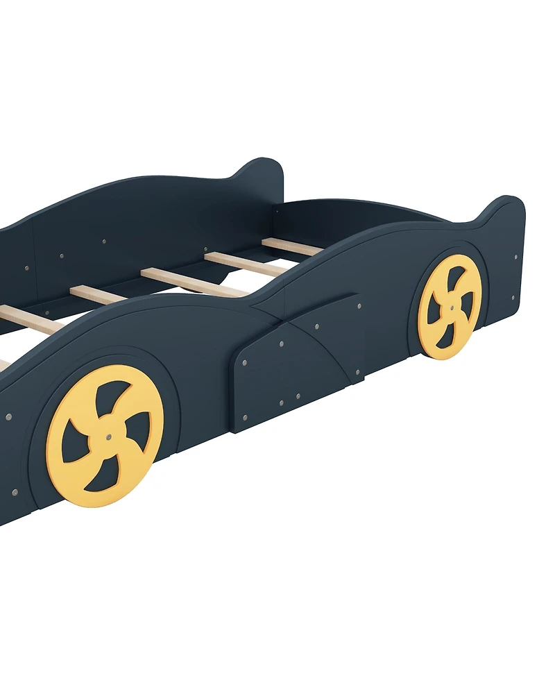 flynama Race Car Shaped Platform Bed Dark Wheels Storage Pine Wood