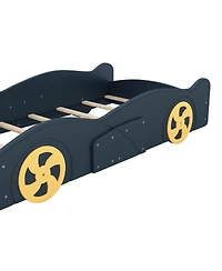 flynama Race Car Shaped Platform Bed Dark Wheels Storage Pine Wood