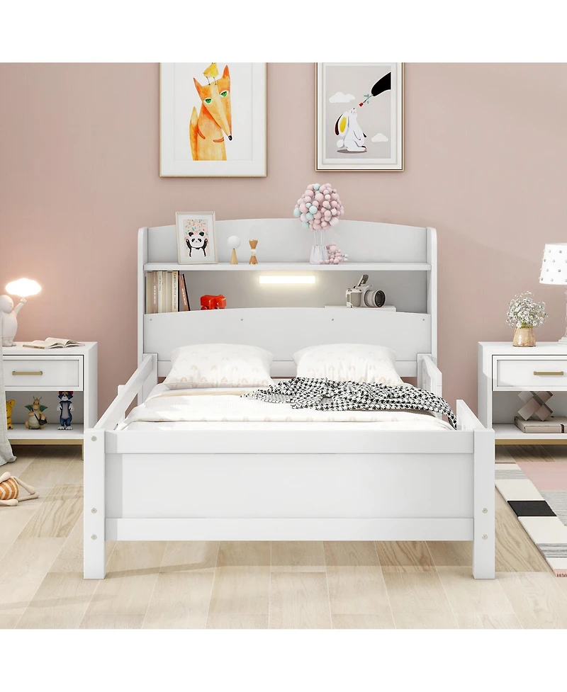 flynama Wood Platform Bed Led Light Storage Headboard Guardrail Pine Wood