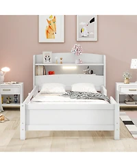 flynama Wood Platform Bed Led Light Storage Headboard Guardrail Pine Wood