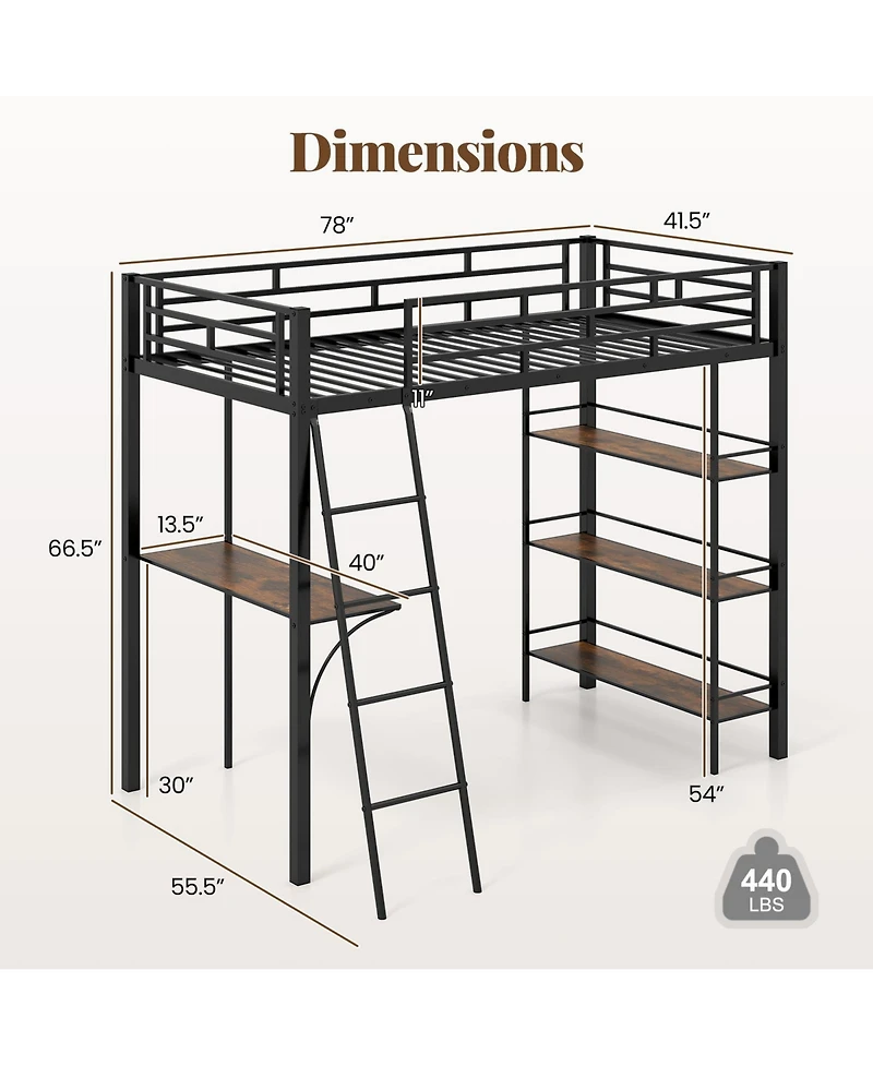 Sugift Twin Loft Bed with Desk and Shelves for Kids and Home
