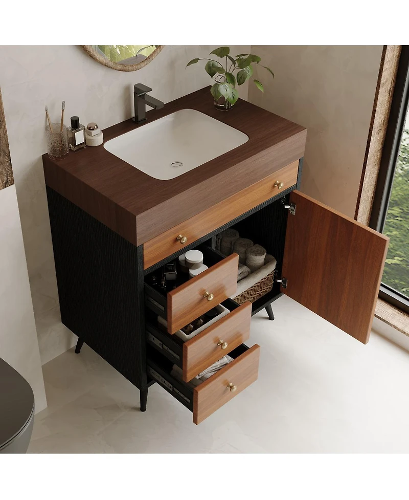 Sillysis 29.9" Freestanding Bathroom Vanity with Stone Gray Sintered Top, Ceramic Sink, Soft Close Drawers & Storage Cabinet