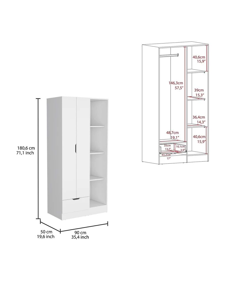 flynama Memphis Wardrobe Armoire with 4-Tier Shelves 1 Drawer Hanging Rod
