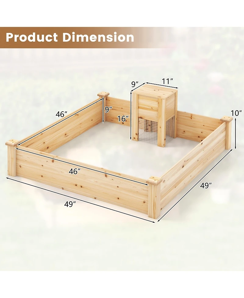 Gymax Raised Fir Wood Garden Bed 49" x 49" x 10" Open Base Garden Bed with Composting Bin