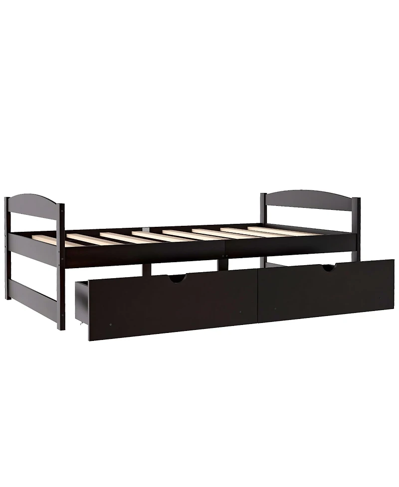 flynama Espresso Wood Platform Bed with Two Storage Drawers Space Saving Design for Bedroom