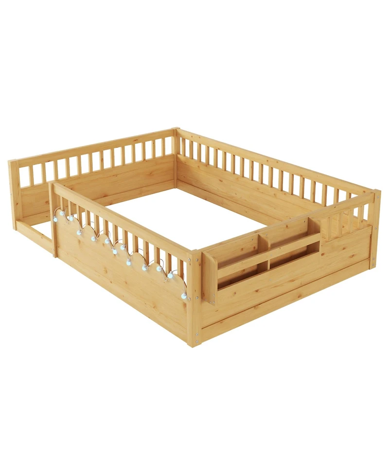 flynama Wood Montessori Floor Bed with High Rails Led Light and Reversible Storage Shelf
