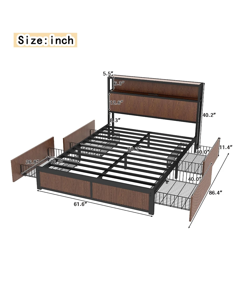 flynama Wooden Platform Bed With Multiple Drawers Storage Socket Wood