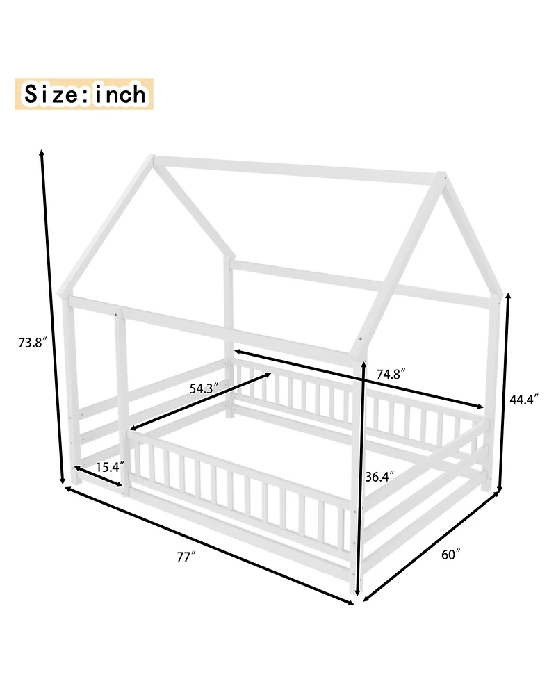 flynama Wooden Floor Bed With House Roof Frame And Fence Guardrails For Kids
