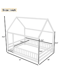 flynama Wooden Floor Bed With House Roof Frame And Fence Guardrails For Kids