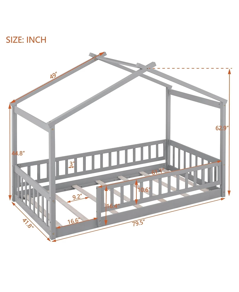 flynama Wood House Bed Roof Fence Pine Wood Frame 7 Slats Kids Teens