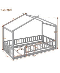 flynama Wood House Bed Roof Fence Pine Wood Frame 7 Slats Kids Teens