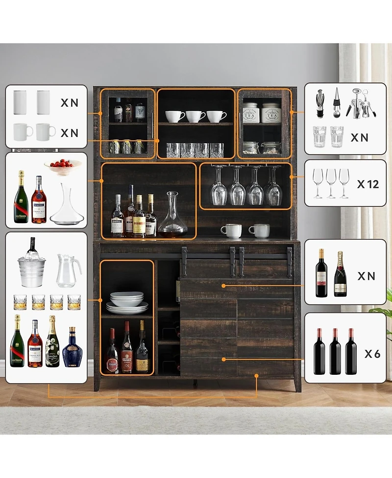 gaomon 70'' Tall Farmhouse Coffee Bar Cabinet, Kitchen Hutch Storage with Sliding Barn Door