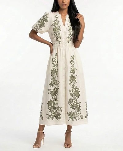 Taylor Women's Puff-Sleeve V-Neck Smocked Waist Shirt Dress