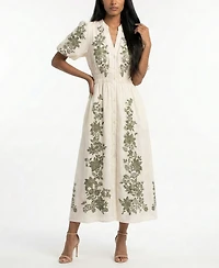 Taylor Women's Puff-Sleeve V-Neck Smocked Waist Shirt Dress
