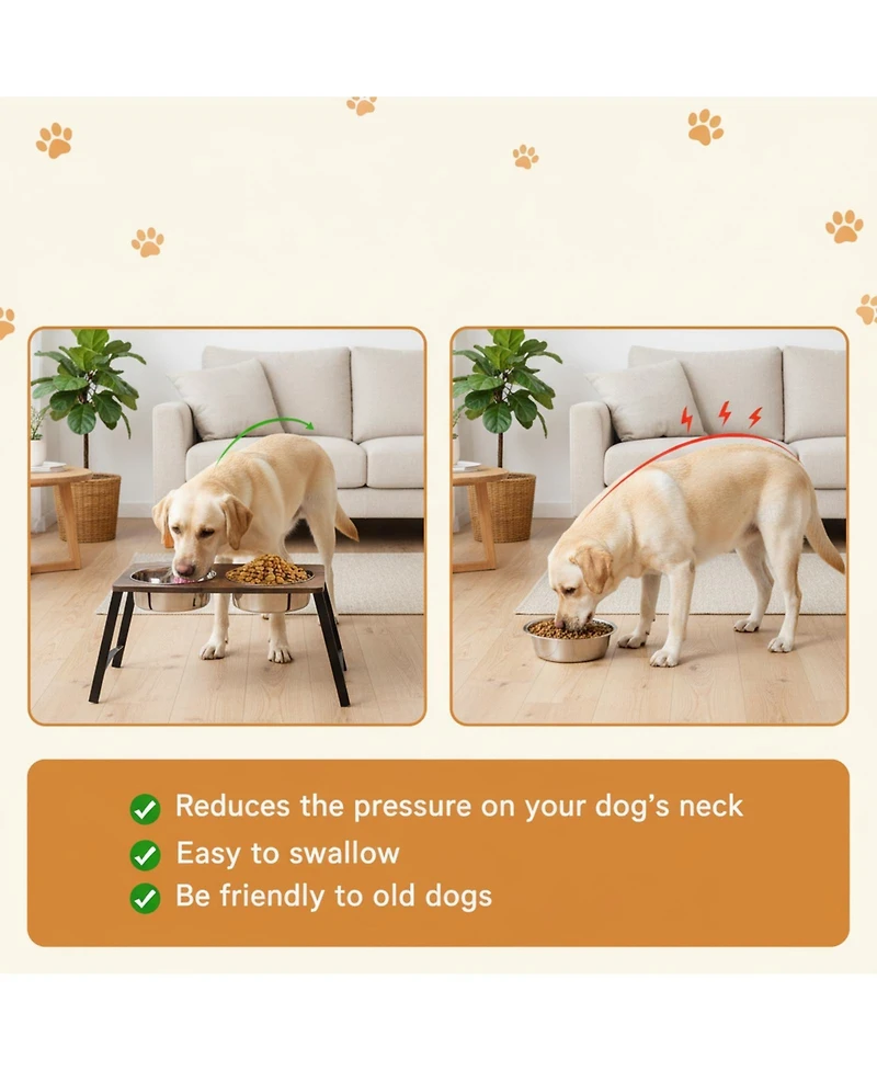 Aronkl Elevated Dog Bowl Stand with 2 Stainless Steel Bowls Tilted Wood Metal Joint Strain Relief Non-slip