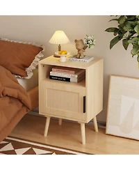 Flynama Stylish Rattan Nightstand with Storage Space Oak Finish Bedroom Living Room Storage Table