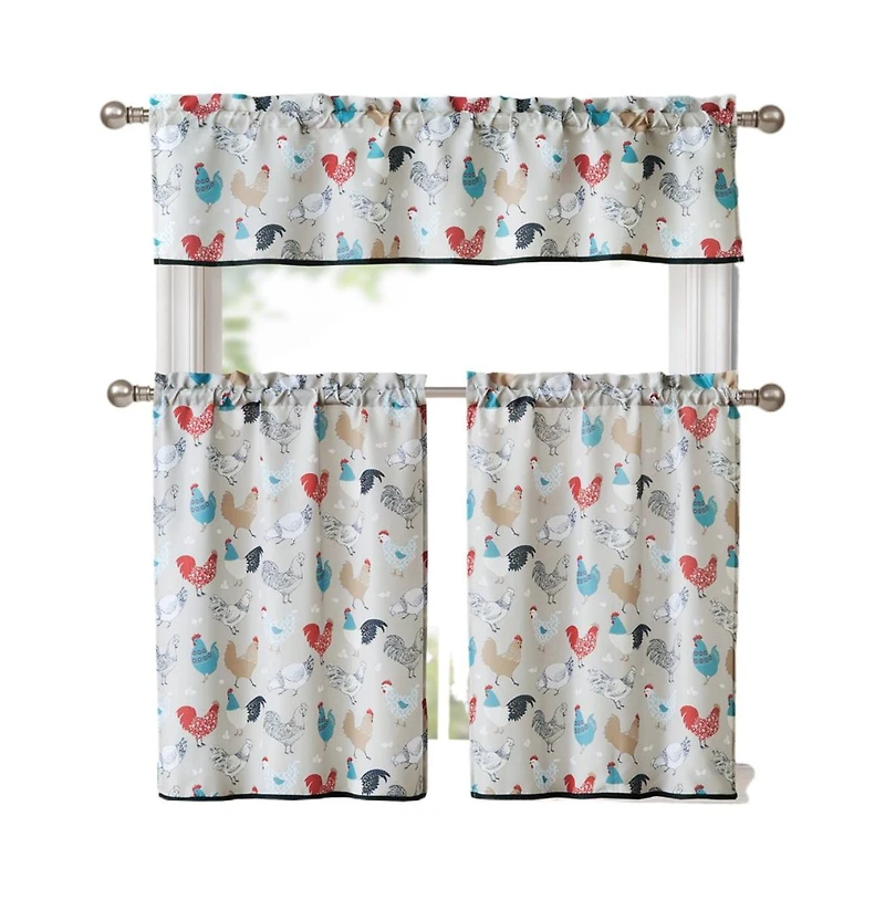 Kate Aurora Multi Rooster Complete 3 Pc Kitchen Curtain Tier and Valance Set