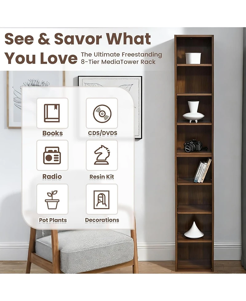 Rainsken 8-Tier Tall Narrow Bookshelf, Slim Storage Cabinet & Display Bookcase with Adjustable Shelves for Living Room