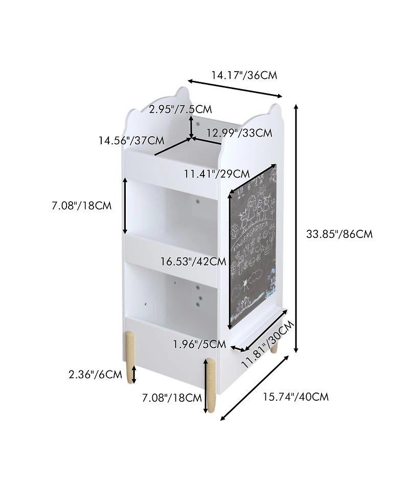 Rainsken Bear Shaped Wooden Bookcase, Kids Book Display Shelf with Chalkboard Side and 3-Tier Storage for Playroom, Bedroom, Kindergarten