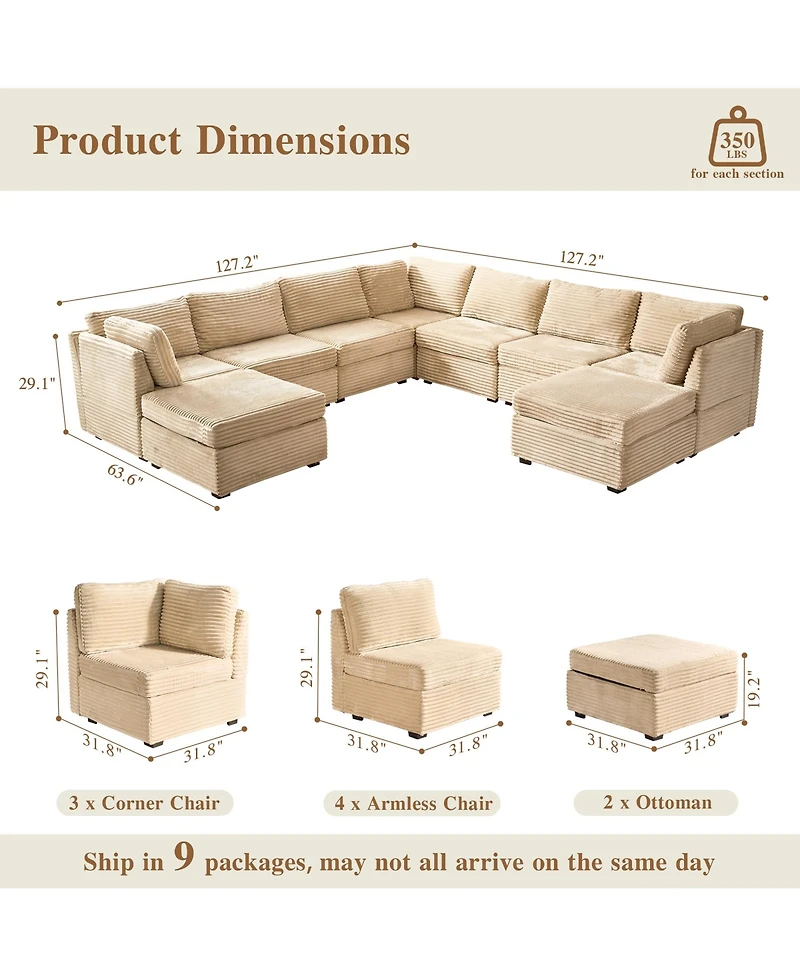Xizzi 9-Piece Modular Sectional Sofa Couch with Chaise Ottomans, Comfy Plush Corduroy Cloud Couches, Modern Deep Seat Sofas Set for Living Room