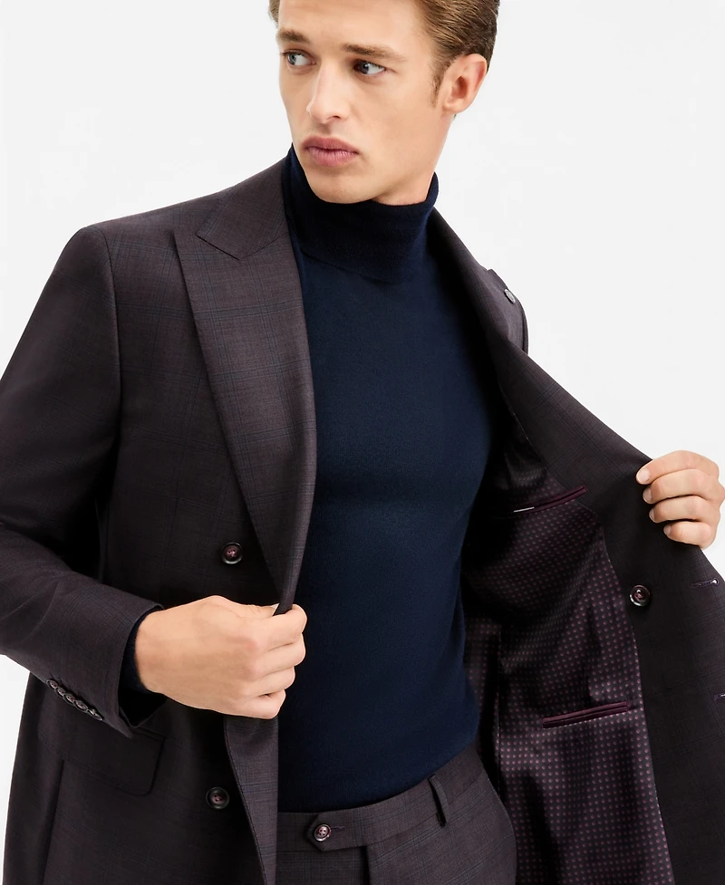 Ted by Baker Men's Modern-Fit Burgundy Plaid Suit Separate Double-Breasted Jacket