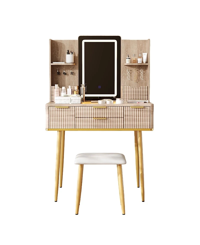 Flynama Modern Standard Led Vanity Table with Basic Mirror Natural Wood and Cushioned Stool Makeup