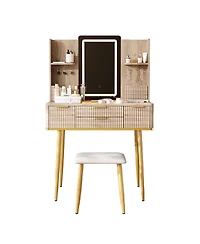 Flynama Modern Standard Led Vanity Table with Basic Mirror Natural Wood and Cushioned Stool Makeup