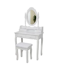 Flynama Princess Vanity Desk Set with 360 Rotating Mirror Cushioned Stool 4 Drawer Wooden Makeup Table for Girls Bedroom