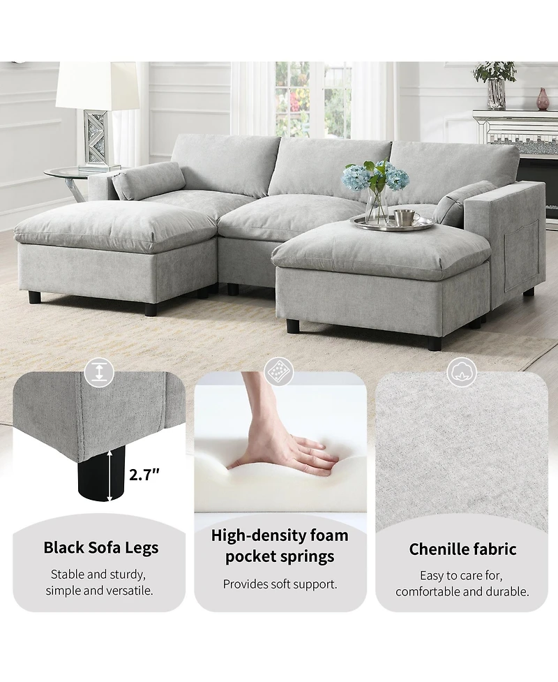 Clihome 86.5'' Chenille Modular Sectional Sofa with Storage Pockets, 5 Seat U Shaped Couch Set with Pillows,Free Combination
