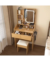 Flynama Space Saving Small Led Vanity Table with Basic Standard Mirror Classic and Cushioned Stool