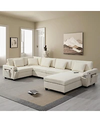 Clihome" U Shaped Sectional Sofa,6 Seat Chenille Couch Set with Oversized Ottoman,Hidden Armrest Storage and Cup Holders