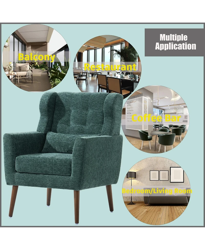 Rainsken Chenille Accent Chair, Modern Upholstered Armchair with Waist Pillow and Tapered Wooden Legs for Living Room