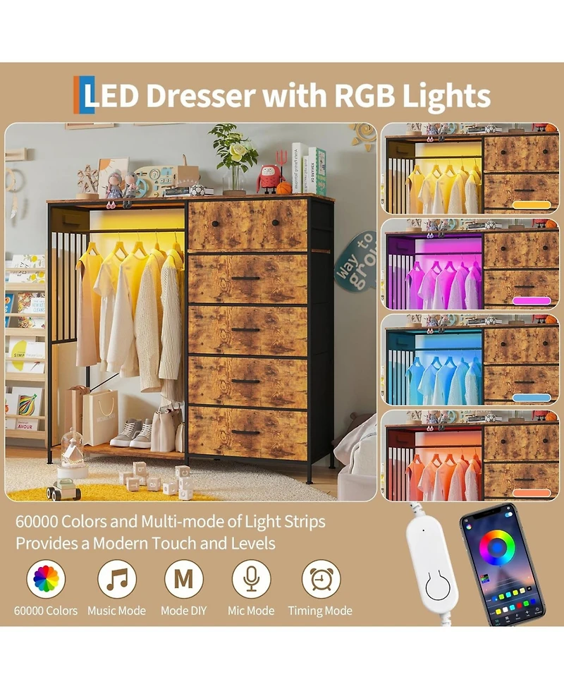 gaomon Dresser with Hanging Rack, Reversible 6 Drawers Led Lights & Charging Station, Fabric Closet Dressers Chest of