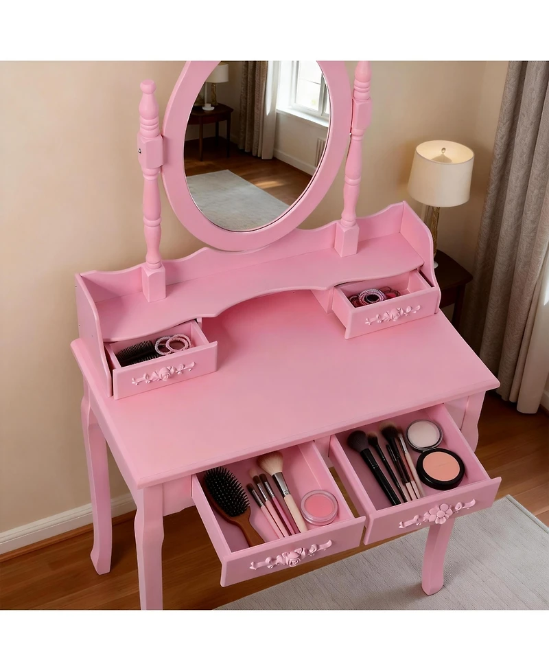 Flynama Princess Vanity Desk Set with 360 Rotating Mirror Cushioned Stool 4 Drawer Wooden Makeup Table for Girls Bedroom