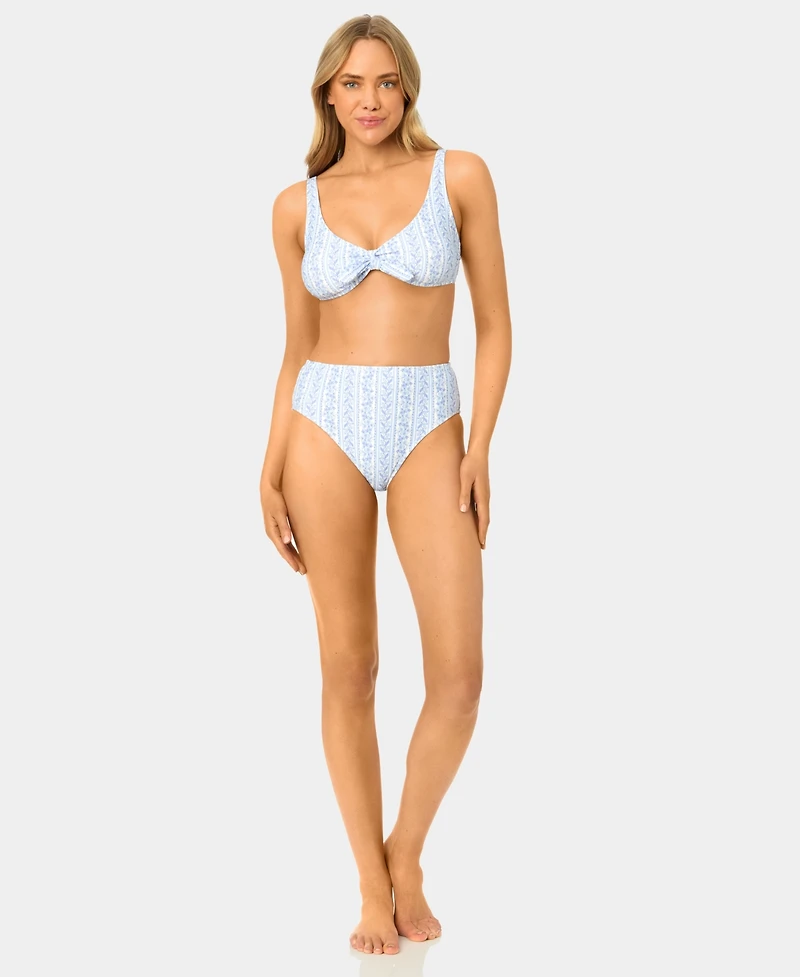 California Waves Women's Toile Stripe Knot Front Swim Bikini Top