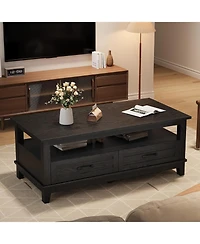 gaomon Farmhouse Coffee Table with Drawers, Center Rustic Tables Living Room Table, Open Shelf and 6 Support