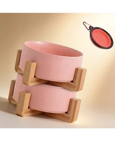 Aronkl Ceramic Cat Dog Bowl Set With Stand Anti Slip 2 Bowls Dishwasher Microwave Safe Raised For Food Water