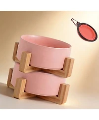 Aronkl Ceramic Cat Dog Bowl Set With Stand Anti Slip 2 Bowls Dishwasher Microwave Safe Raised For Food Water