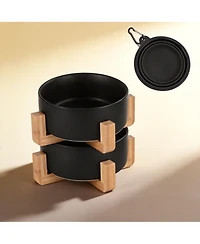 Aronkl Ceramic Cat Dog Bowl Set With Stand Anti Slip 2 Bowls Dishwasher Microwave Safe Raised For Food Water