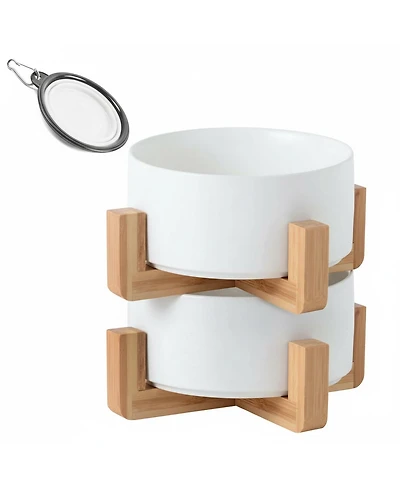 Aronkl Ceramic Cat Dog Bowl Set With Stand Anti Slip 2 Bowls Dishwasher Microwave Safe Raised For Food Water