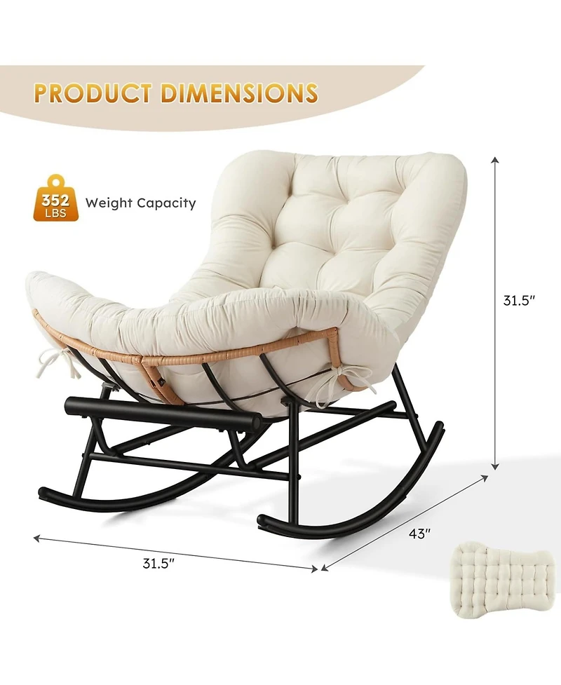 gaomon 2Pcs Papasan Rocking Chair with Foot Rest, Oversized Papasan Chair with Thick Removable Cushion and Metal Frame, Pe Rattan Rocker - Beige