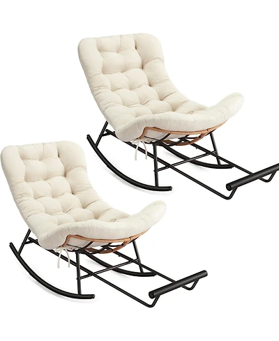 gaomon 2Pcs Papasan Rocking Chair with Foot Rest, Oversized Papasan Chair with Thick Removable Cushion and Metal Frame, Pe Rattan Rocker - Beige