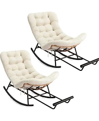 gaomon 2Pcs Papasan Rocking Chair with Foot Rest, Oversized Papasan Chair with Thick Removable Cushion and Metal Frame, Pe Rattan Rocker - Beige