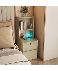 Flynama Modern Neutral Nightstand with Storage Space and Led Light Glass Top Jewelry Storage Bedside Table