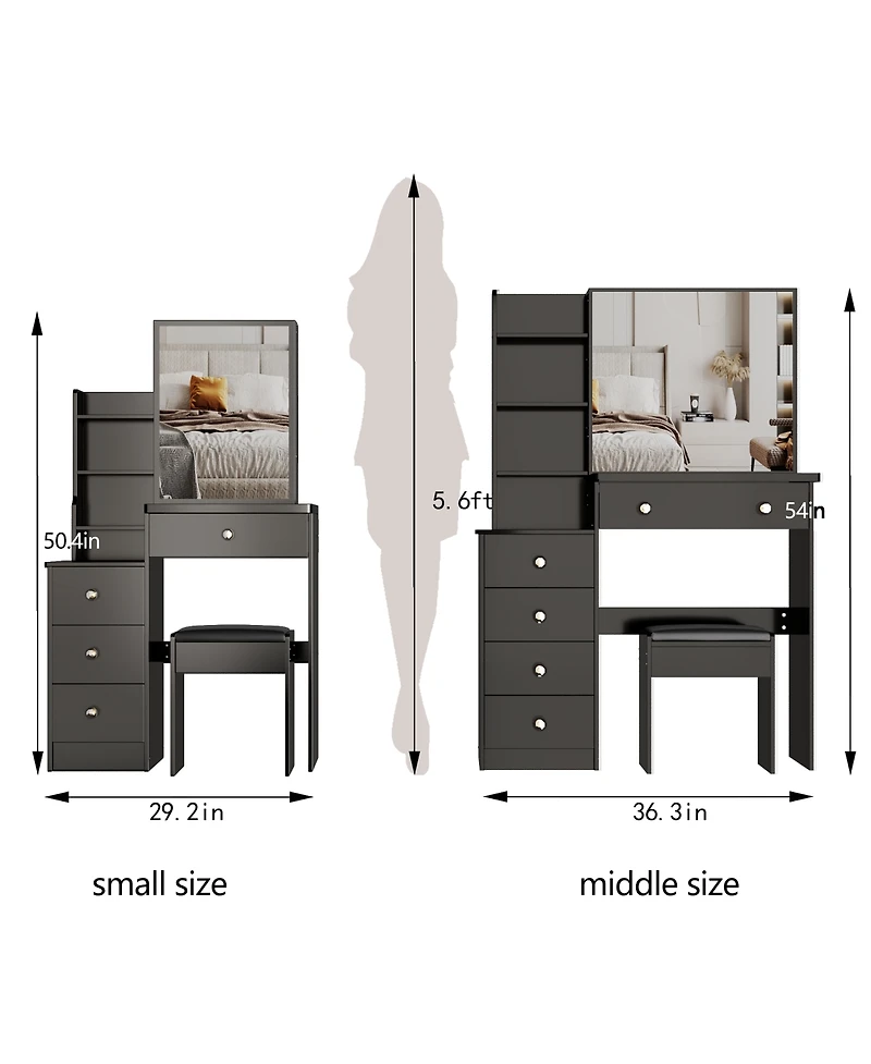 Flynama Modern Medium Led Vanity Table with Bedside Cabinet Slide Mirror Classic and Cushioned Stool
