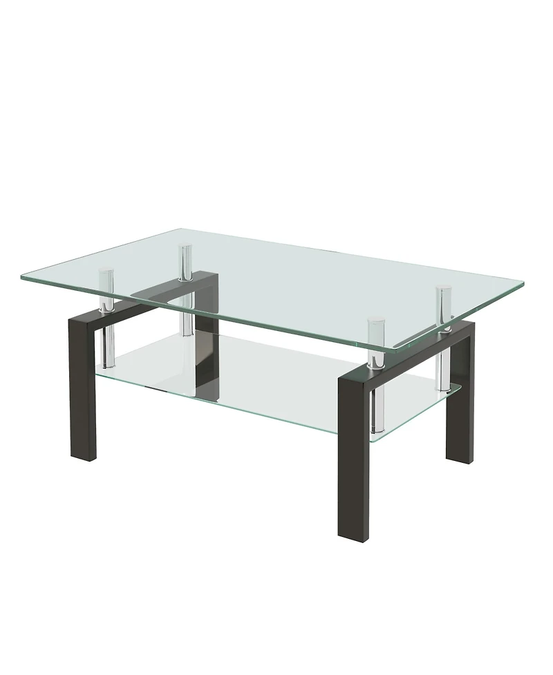 Rainsken Rectangle 2-Tier Glass Coffee Table, Modern Small Center Table with Storage and Metal Legs for Living Room