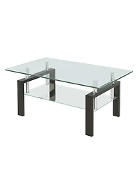 Rainsken Rectangle 2-Tier Glass Coffee Table, Modern Small Center Table with Storage and Metal Legs for Living Room