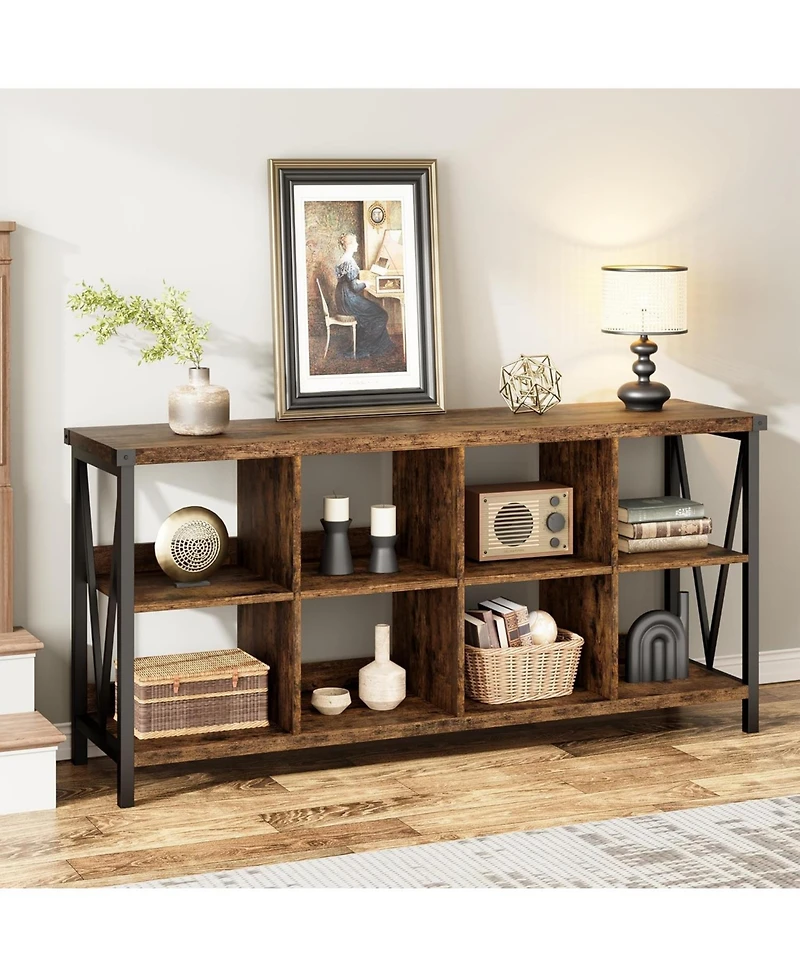 gaomon Entryway Console Table, 3 Tier Industrial Metal Sofa Table with 8 Cube Storage Organizer, Behind Couch Table, Hallway Table for Entry, Living