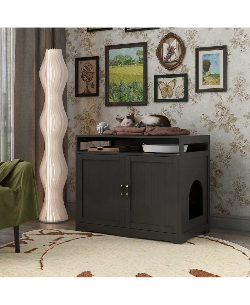 Aostirmotor Cat Litter Box Enclosure with Hidden Plug – 2-Door Wooden Bench & Side Table, Esspresso